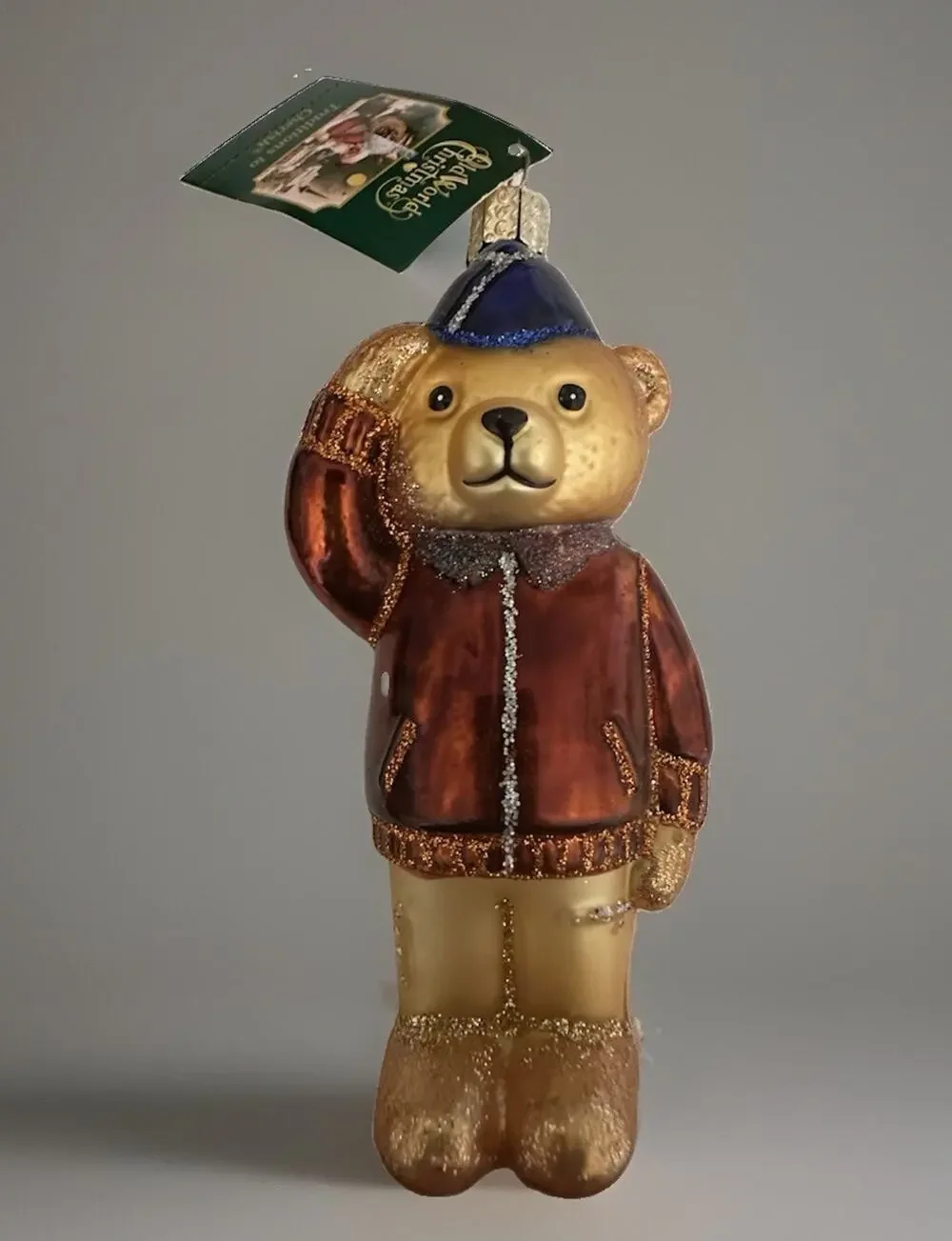Old World Christmas Air Force Bear Gold Veteran Saluting Glass Ornament 2001 NWT